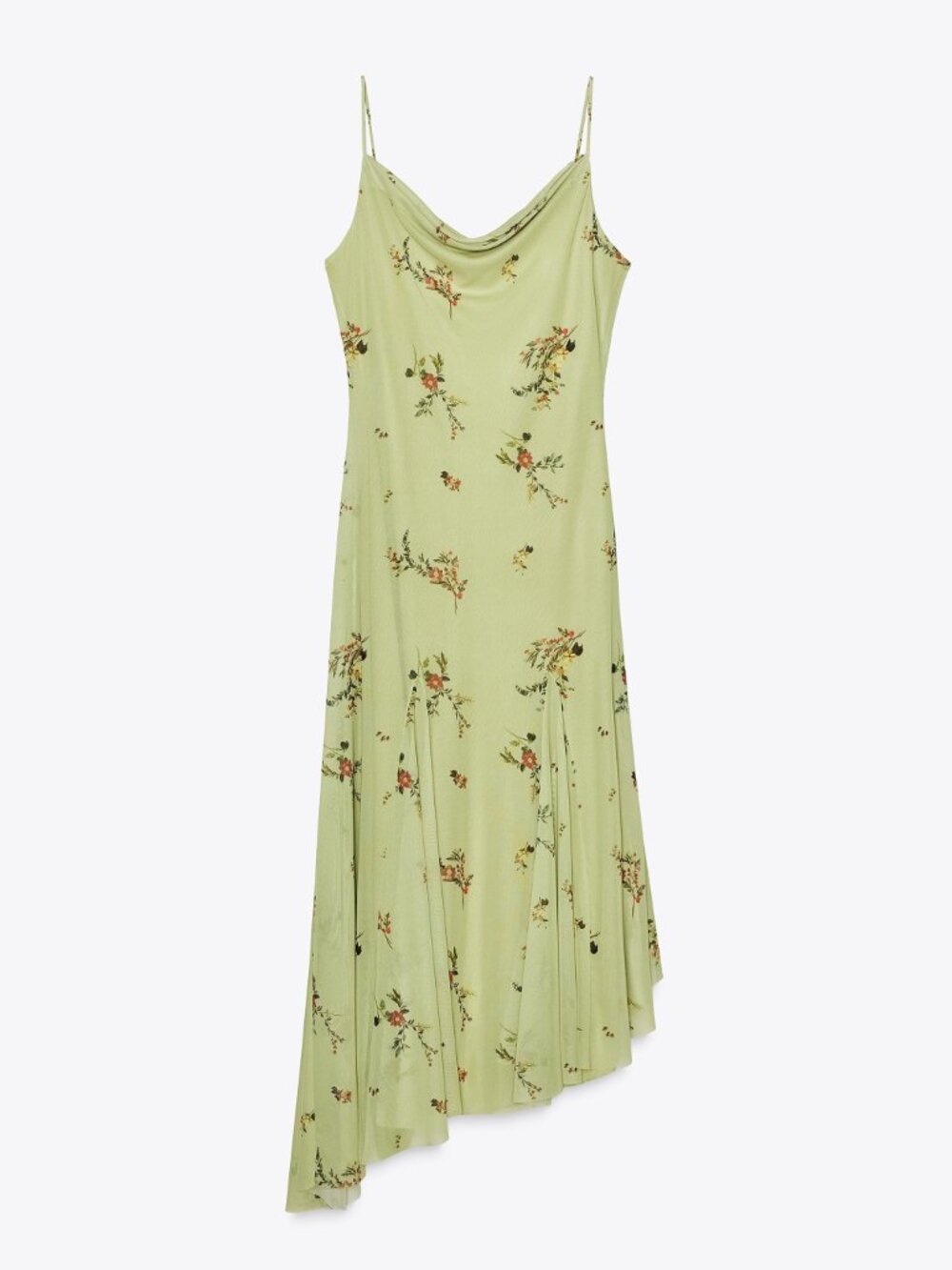 Zara Green Floral Spaghetti Strap Asymmetrical Midi Slip Dress